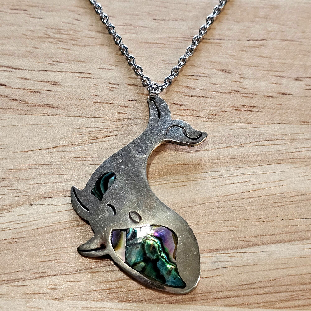 Vintage Alpaca Silver Whale Necklace with Inlaid Abalone from Mexico